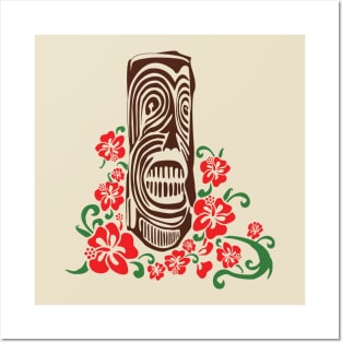 Tiki Totem with Hibiscus Flowers Posters and Art